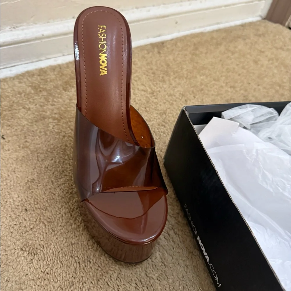 Fashion Nova Brown Platform Clear Strap Mules